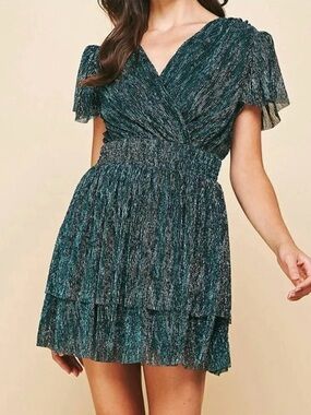 Pinch Shimmery Teal V-Neck Metallic Tiered Mini Dress Size Large